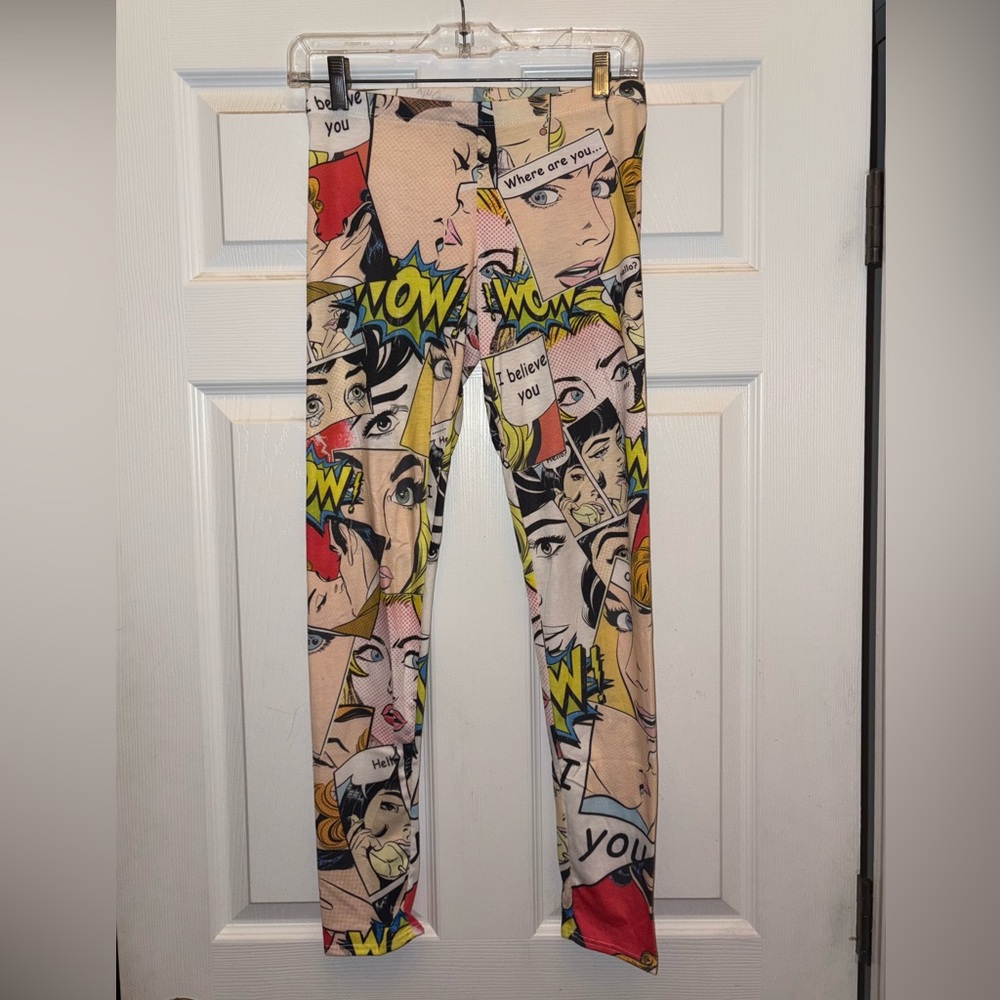 Y2K POP ART COMIC BOOK PRINT GRAPHIC WET SEAL FULL LENGTH COLORFUL LEGGINGS S